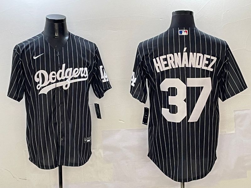 Men Los Angeles Dodgers #37 Hernandez Black Stripe Jointly Name 2025 Nike MLB Jersey style 1